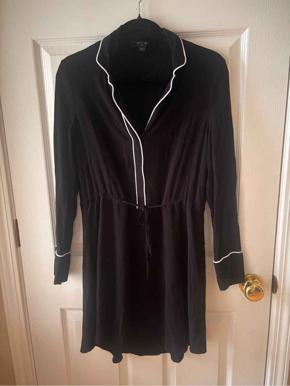AllSaints Women’s Black Shirt Dress Size S White Piping Drawstring Waist